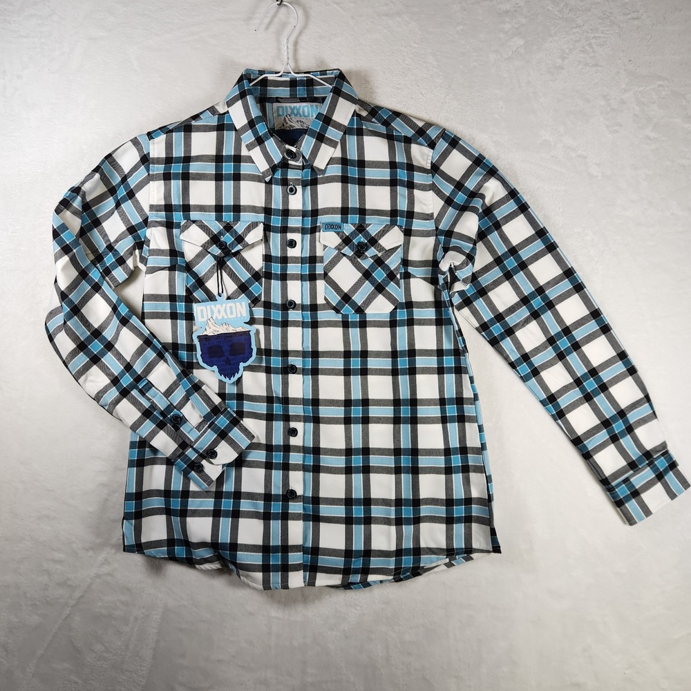 NWT Dixxon Flannel Company Iceberg Plaid Shirt Womens Large Blue Black White LS‎